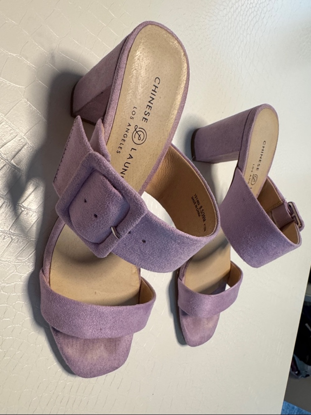 Chinese Laundry Lavender Suede Buckle Block Heel Sandals